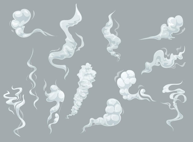 Vector cartoon smoke and fog clouds, white aroma or toxic steaming vapour, dust steam.