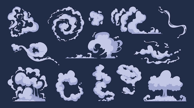 Vector cartoon smoke. vfx comic bang clouds explosion of bomb speed storm motion wind art collection. illustration smoke comic, cartoon bubble motion and fog