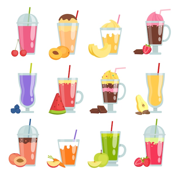 Cartoon smoothie. Various summer drinks smoothie set