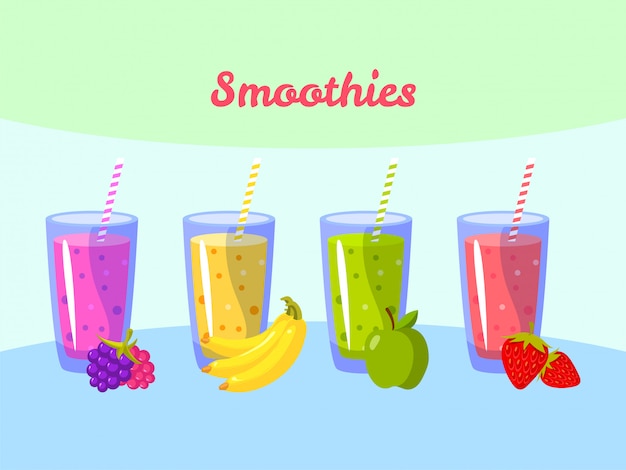 Cartoon smoothies. berry banana apple and strawberry. organic fruit shake