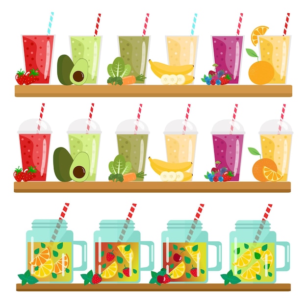 Vector cartoon smoothies. orange, strawberry, berry, banana and avocado