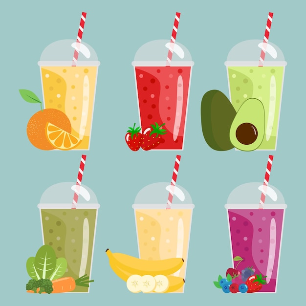 Cartoon-smoothies. Sinaasappel, aardbei, bes, banaan en avocado