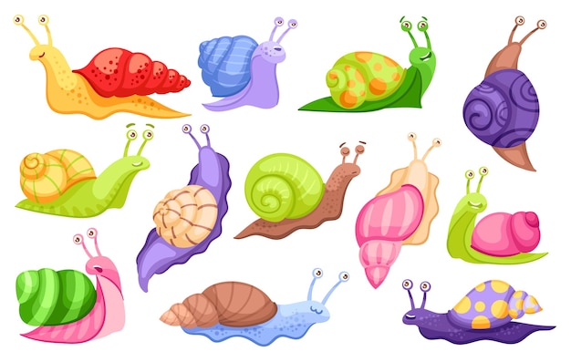 Vector cartoon snail funny smiling garden snails with color shells happy faces and cute eyes gastropod vector illustration set