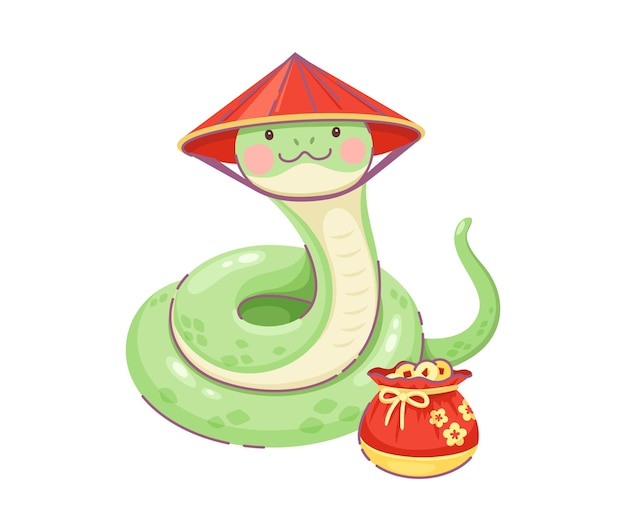 Vector cartoon snake character in traditional conical hat