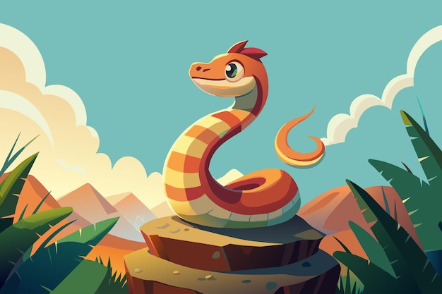 A cartoon snake is curled up on a rock in a jungle