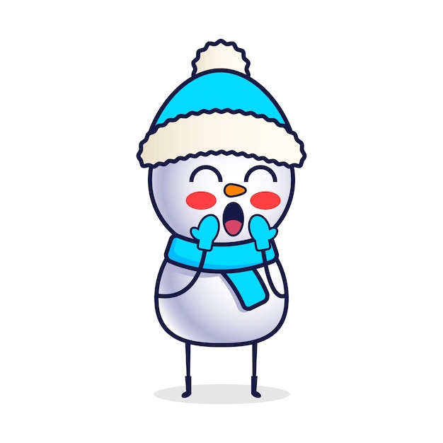 Vector cartoon snowman in christmas hat shy
