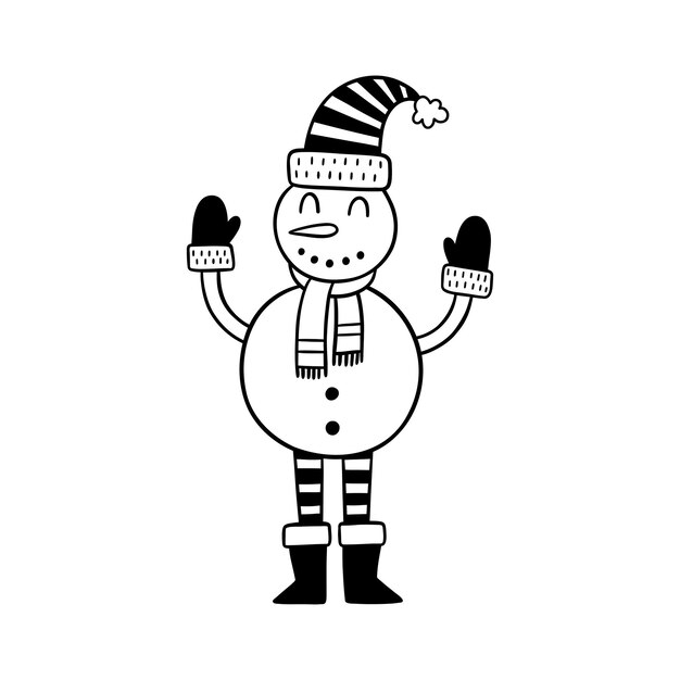 Cartoon snowman in hand drawn doodle style. Vector Christmas illustration.