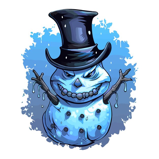 A cartoon snowman wearing a top hat scary sharp icy colored illustration