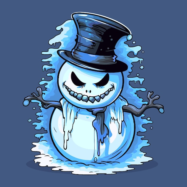 A cartoon snowman wearing a top hat scary sharp icy colored illustration