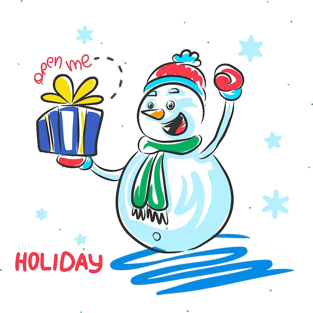 Мультяшный снеговик на белом фоне с подарком к празднику