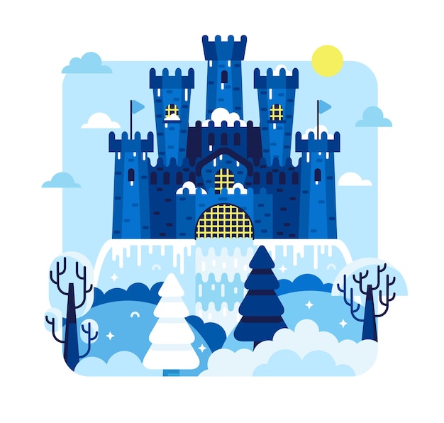 Cartoon snowy farytale palace Medieval castle on winter landscape