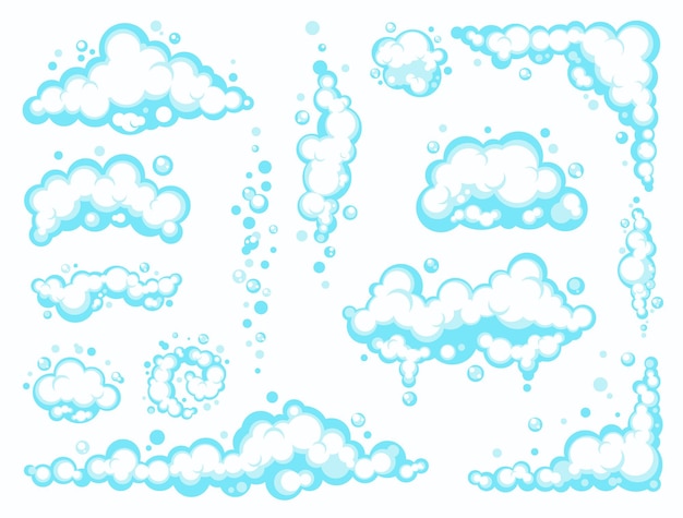 Vector cartoon soap foam set with bubbles. light blue suds of bath, shampoo, shaving, mousse.