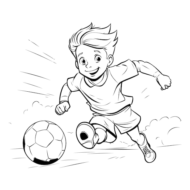 Карикатурный футболист, пинающий мяч Черно-белая векторная иллюстрация
