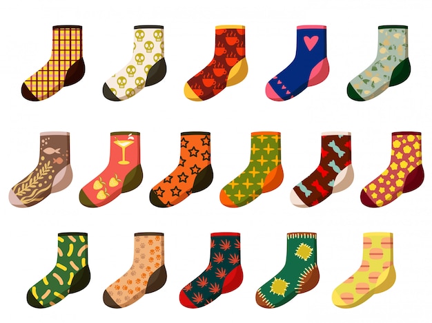 Cartoon socks. Different woolen, textile and cotton feet wear with holiday pattern and texture. Socks apparel bundle isolated. Vector winter clothing garment element illustration.