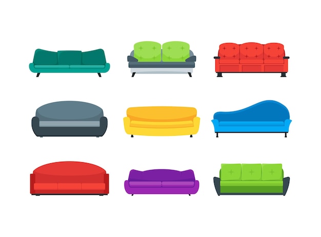 Cartoon sofa or couch color icons set flat style design for interior of home or office furniture for relaxation vector illustration of sofas