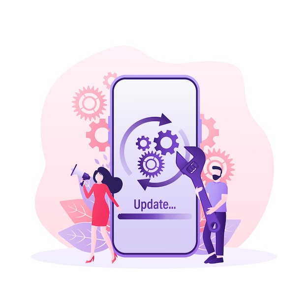 Мультяшное программное обеспечение обновляет людей для дизайна мобильных приложений Изометрическая векторная иллюстрация Мобильный