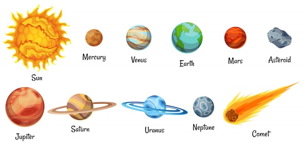 Pianeti del sistema solare del fumetto. piccolo pianeta osservatorio astronomico. spazio della galassia di astronomia. sole mercurio venere terra marte giove saturno urano nettuno cometa asteroide