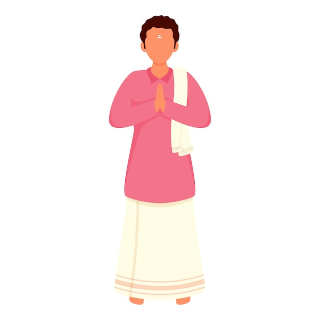 cartoon south indian man doing namaste in standing pose.