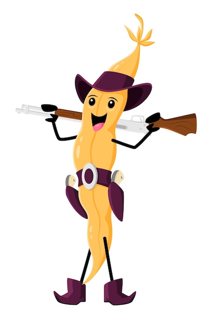 Cartoon soybean pod cowboy bandit or ranger character Vector quirky soy or legume with yellow husk Bean personage with brown boots hat and belt holding rifle gun inspired by the iconic Wild West