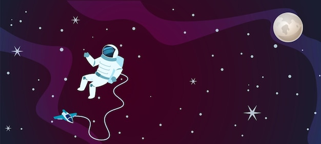 Cartoon space background Galaxy universe design with astronaut spaceship and moon Sun system view shuttle and spacemen in spacesuit stars and planet Vector cosmic discovery flat illustration