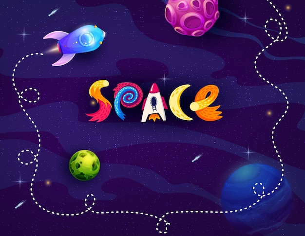 Vector cartoon space background rocket and stars vector