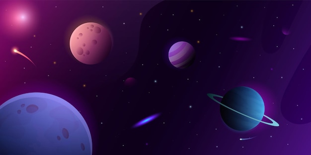 Vector cartoon space background starry universe sky with alien planets asteroids and nebula science fiction galaxy purple wallpaper cosmos interstellar exploration vector cosmic dark night atmosphere