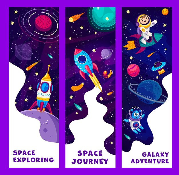 Vector cartoon space banners astronaut alien and rocket