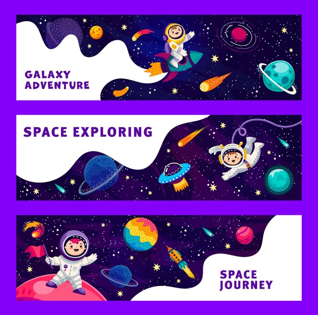 Cartoon space banners funny astronauts and space