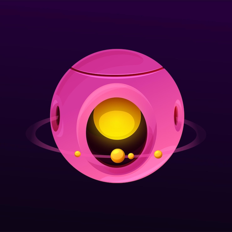 Vector cartoon space cyber planet with core and rings vector fantasy galaxy world cyber scifi fantastic planet or alien earth for futuristic game with saturn rings and satellites in galactic universe