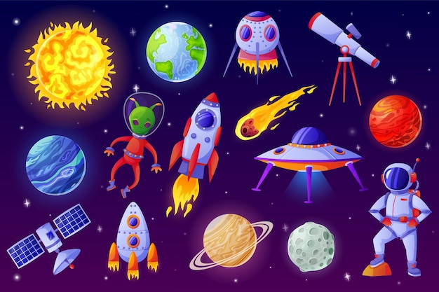 만화 공간 요소 외계인 ufo 우주선 로켓 우주 비행사 소행성 위성 망원경 벡터 세트