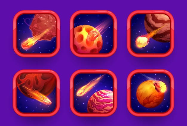 Cartoon space game app iconen rode planeten