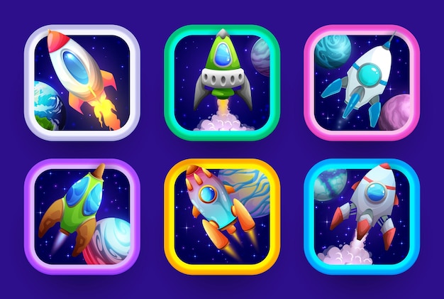 Cartoon space game app pictogrammen raketten ruimteschip