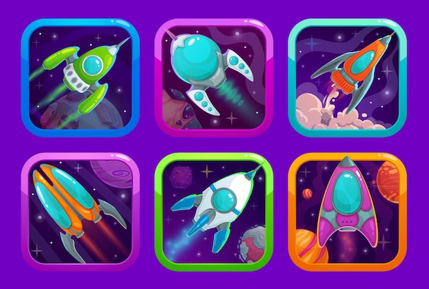 Cartoon space game app pictogrammen ruimteschip raketten
