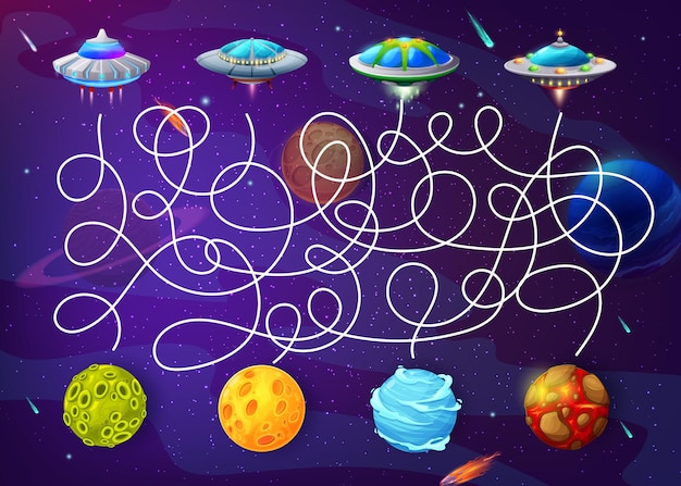 Vector cartoon space labyrinth help ufo to find planet