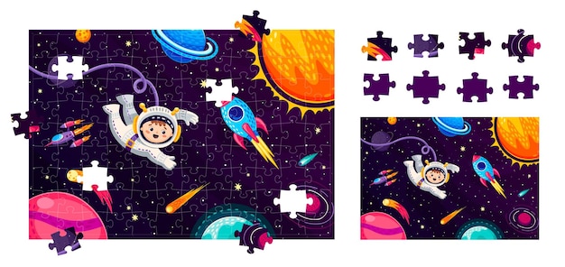 Cartoon space landscape and astronaut jigsaw game