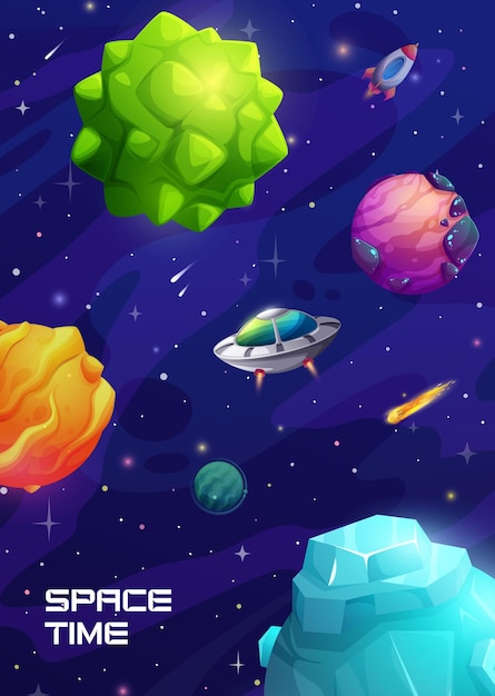 Vector cartoon space landscape galaxy planets and ufo