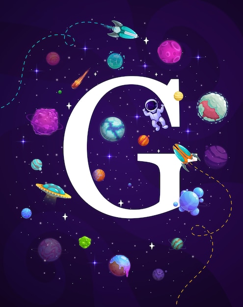 Cartoon space letter G astronomy ABC background