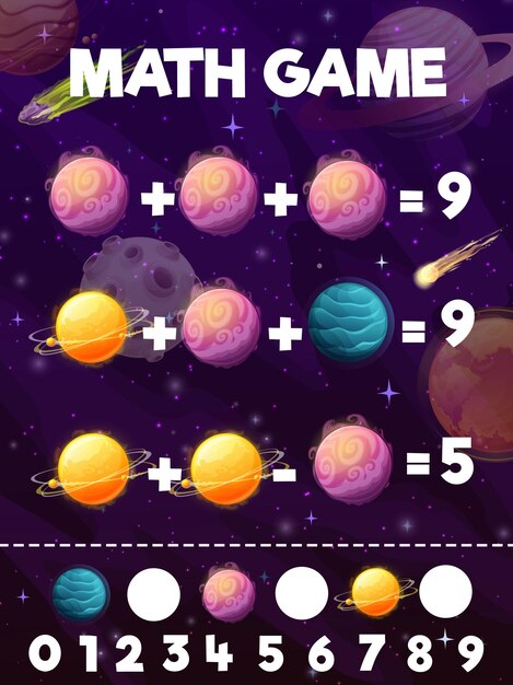 Cartoon space planets addition math game worksheet