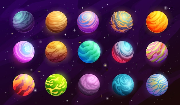 Vector cartoon space planets with ice, water and lava