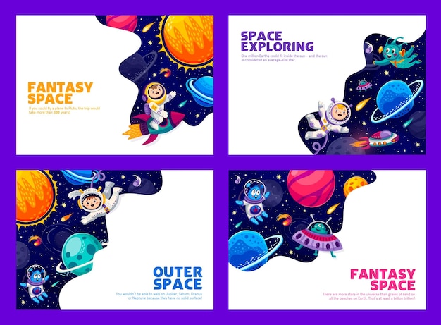 Vector cartoon space posters kids astronauts and aliens