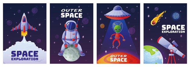 Cartoon space posters Universe banners with astronaut rocket alien ufo planets stars