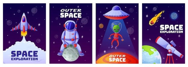 Cartoon space posters Universe with astronaut rocket alien ufo planets stars template