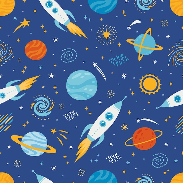 Cartoon space seamless pattern with planets rockets galaxy comets and stars