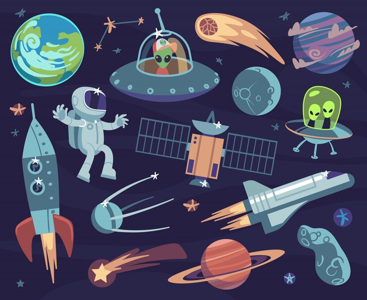 Vector cartoon space set. cute astronauts and ufo aliens, satellite planets and stars. meteorite and spaceship kids wallpapers vector comic doodle asteroid and sputnik, comet and fantastic moon print