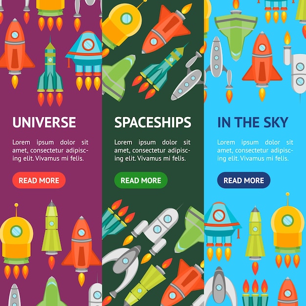 Cartoon Space Ship or Rocket Banner Vecrtical Set Vector