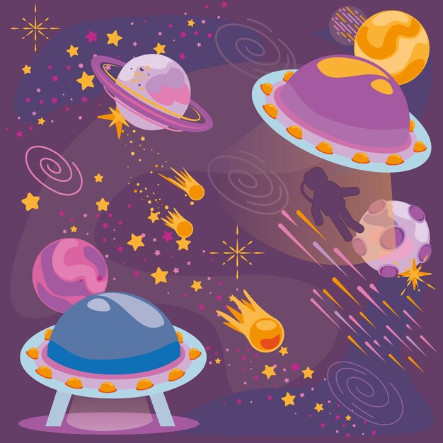 Cartoon nave spaziale universo e pianeti kids design illustrazione vettoriale