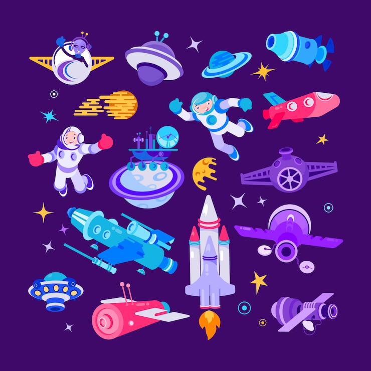 Vector 漫画の宇宙と宇宙船のイラスト、シャトルと宇宙飛行士、ロケットセット
