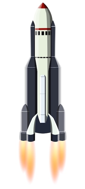 細長い船体と白いデザイン要素に分離されたノズルからの炎を持つ漫画の宇宙船