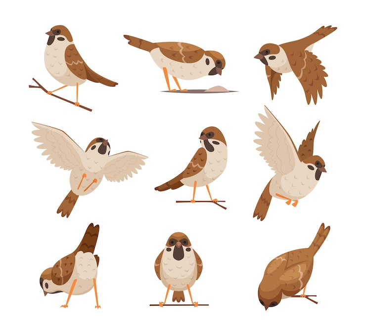 Vector cartoon sparrows wild funny animals flying brown birds moving chirp characters exact vector pictures set cute birds