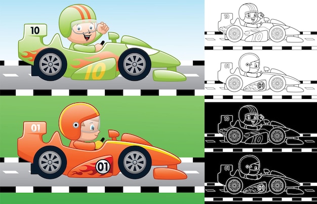 Cartone animato di corse automobilistiche di velocità con il corridore del ragazzino